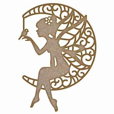 Fairy holding a bird on a Moon MDF Laser Cut Craft Blanks in Various Sizes