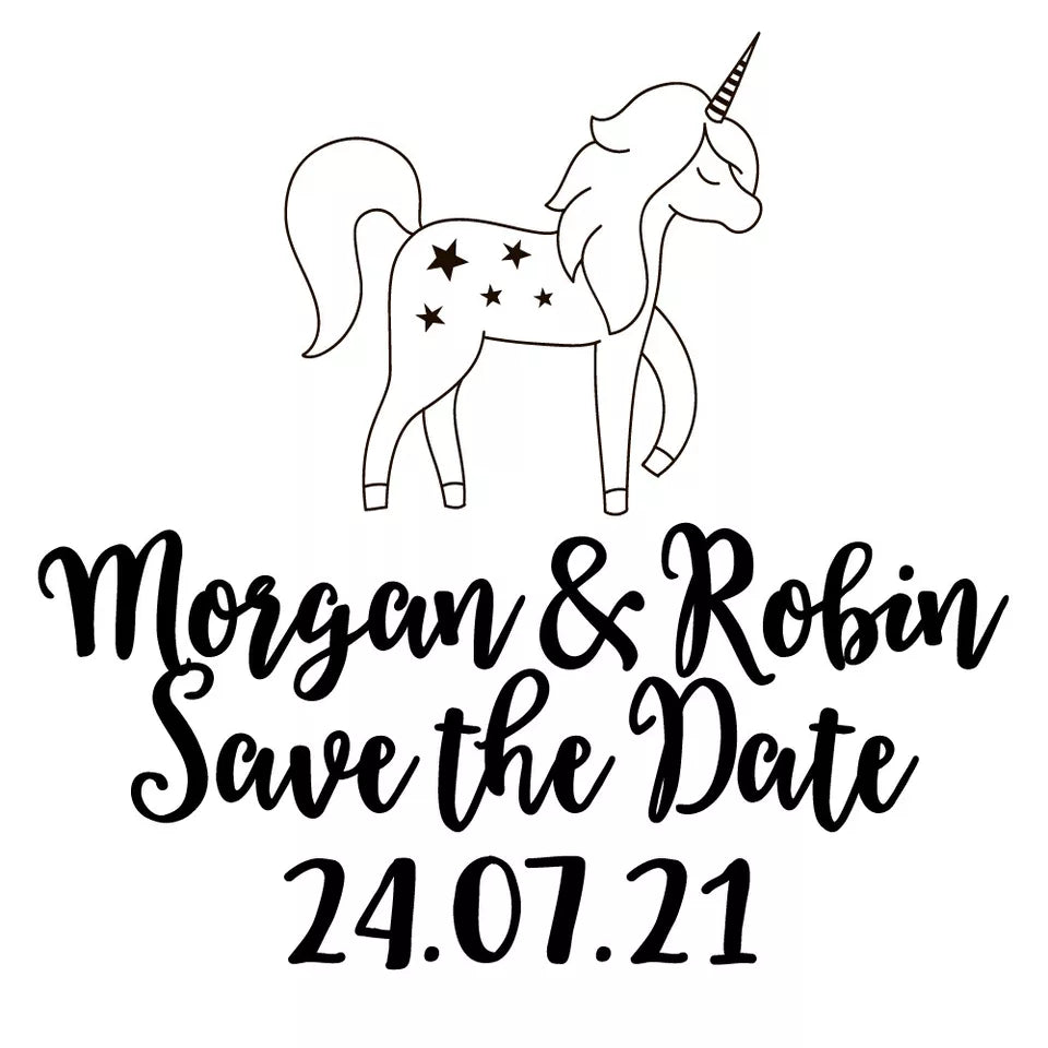 Personalised Laser Rubber Stamps - Save the Date: Unicorn (Design 2)