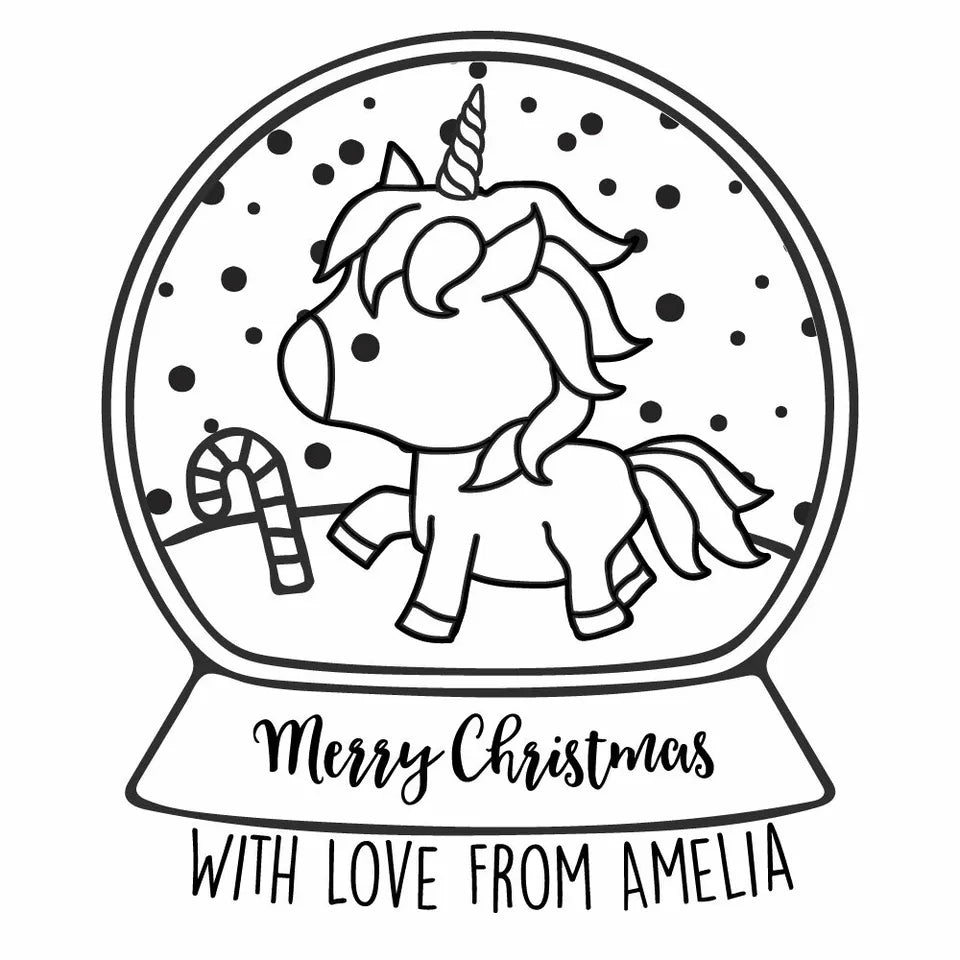 Personalised Laser Rubber Stamps - Christmas: Unicorn Snow Globe