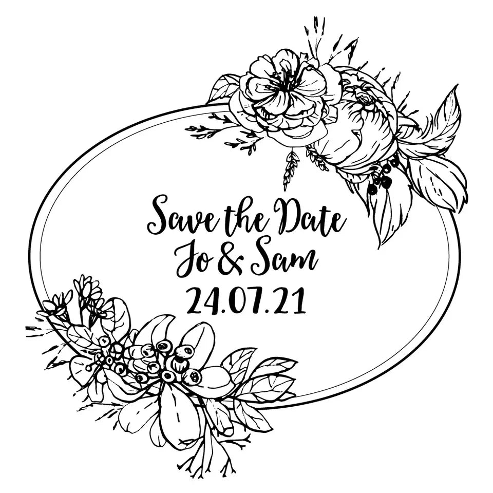 Personalised Laser Rubber Stamps - Save the Date: Flower Oval