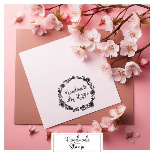 Personalised Laser Cut Rubber Stamp - Handmade By: Flower Border