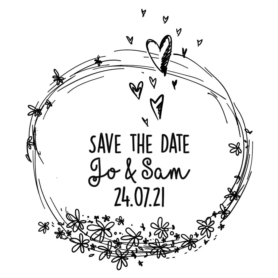 Personalised Laser Rubber Stamps - Save the Date: Sketchy Hearts